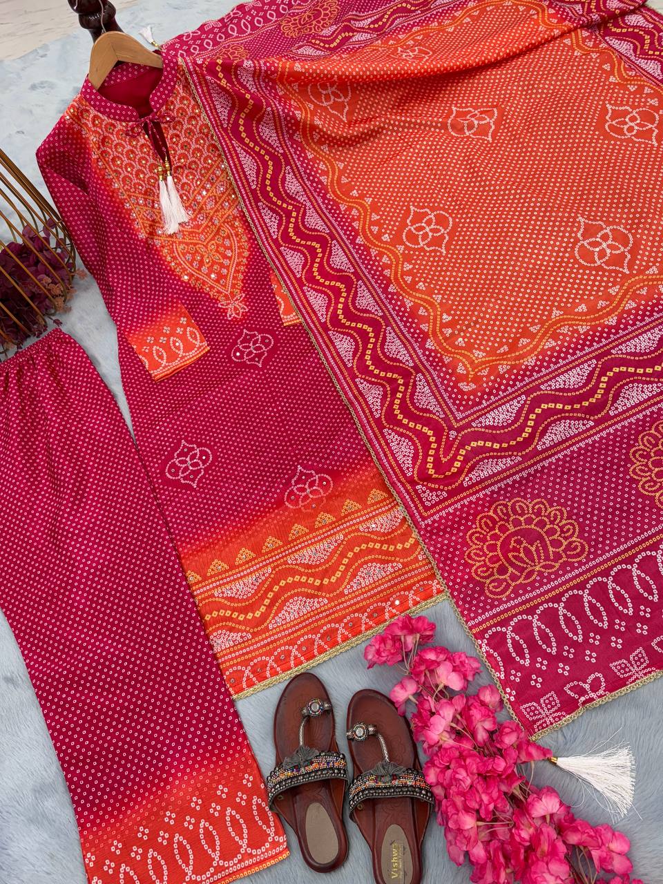 Rani Pink Elegant Designer Party Wear Chinon Silk Top, Palazzo & Dupatta Set