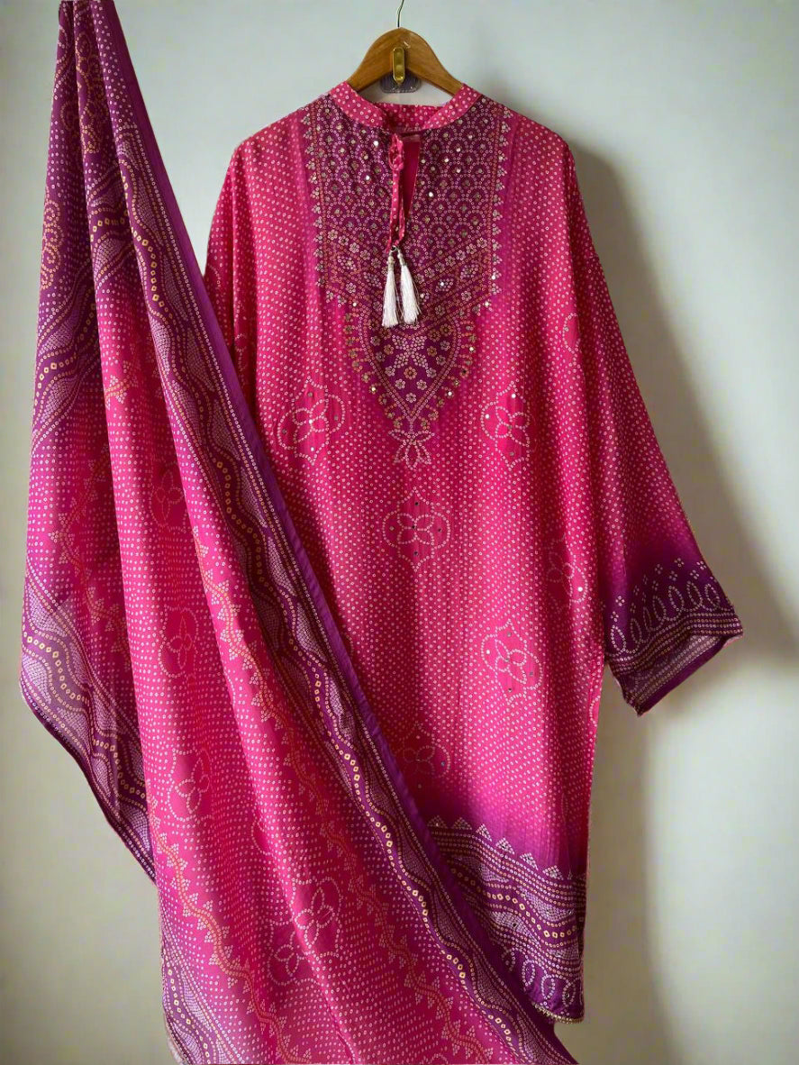 Elegant Pink Designer Party Wear Chinon Silk Top, Palazzo & Dupatta Set