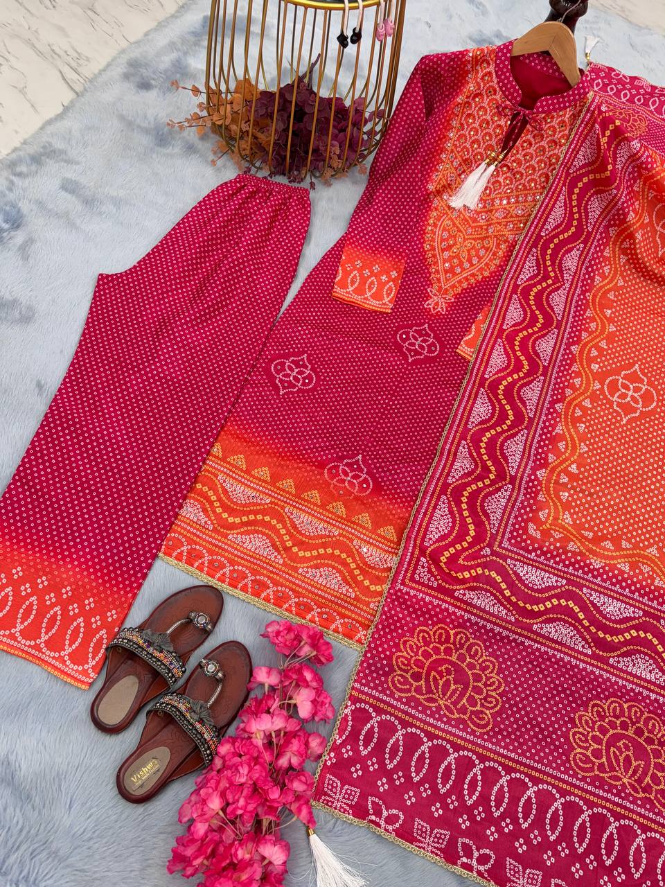 Rani Pink Elegant Designer Party Wear Chinon Silk Top, Palazzo & Dupatta Set