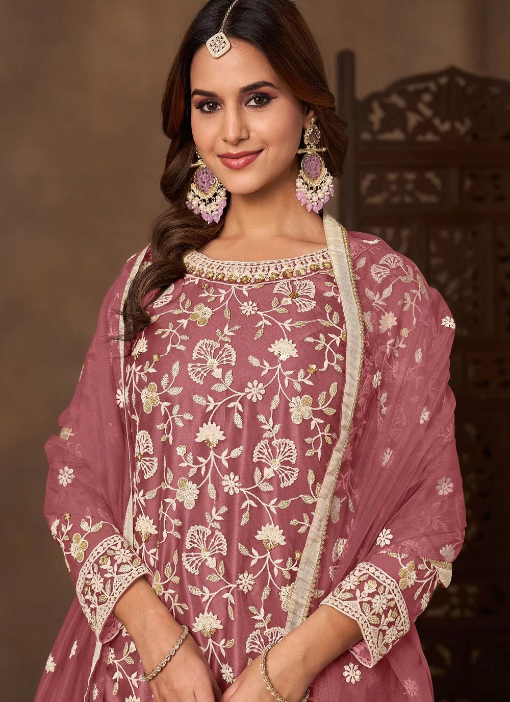 Elegant pink net embroidered palazzo suit for party wear