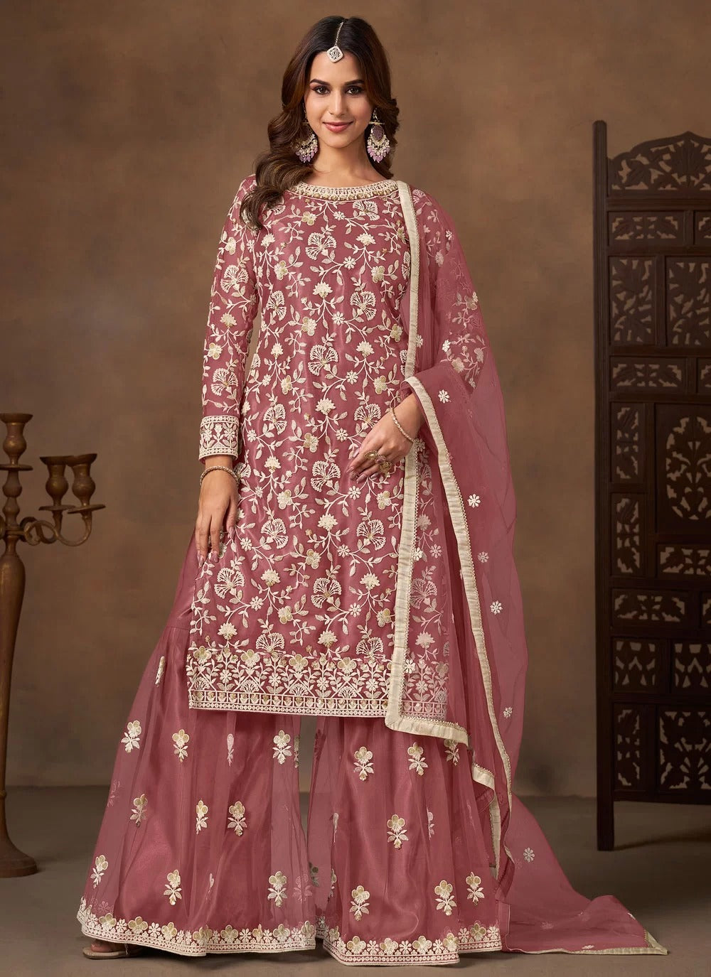 Elegant pink net embroidered palazzo suit for party wear