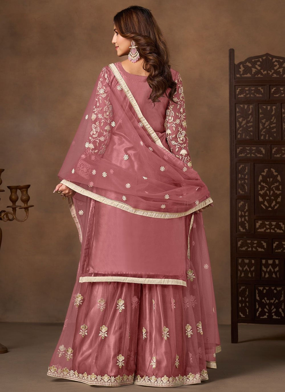 Elegant pink net embroidered palazzo suit for party wear