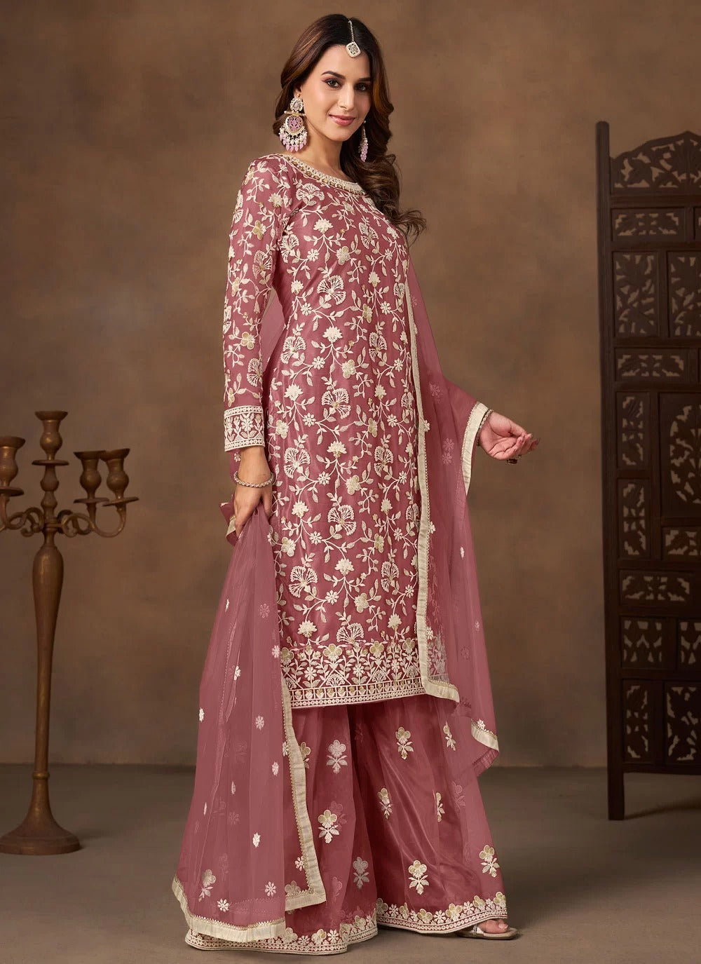 Elegant pink net embroidered palazzo suit for party wear