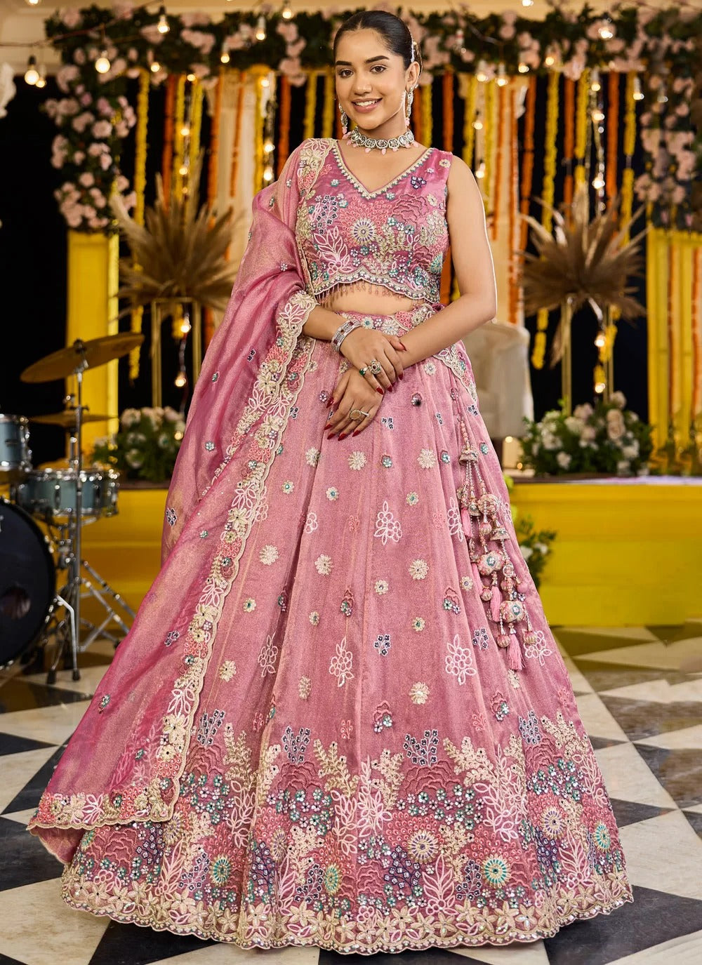 Elegant pink satin silk sequins girlish bridal lehenga with dupatta