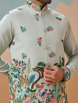 Elegant Pista Green Thread Embroidered Silk Men Marriage Wear Kurta Pant With Jacket