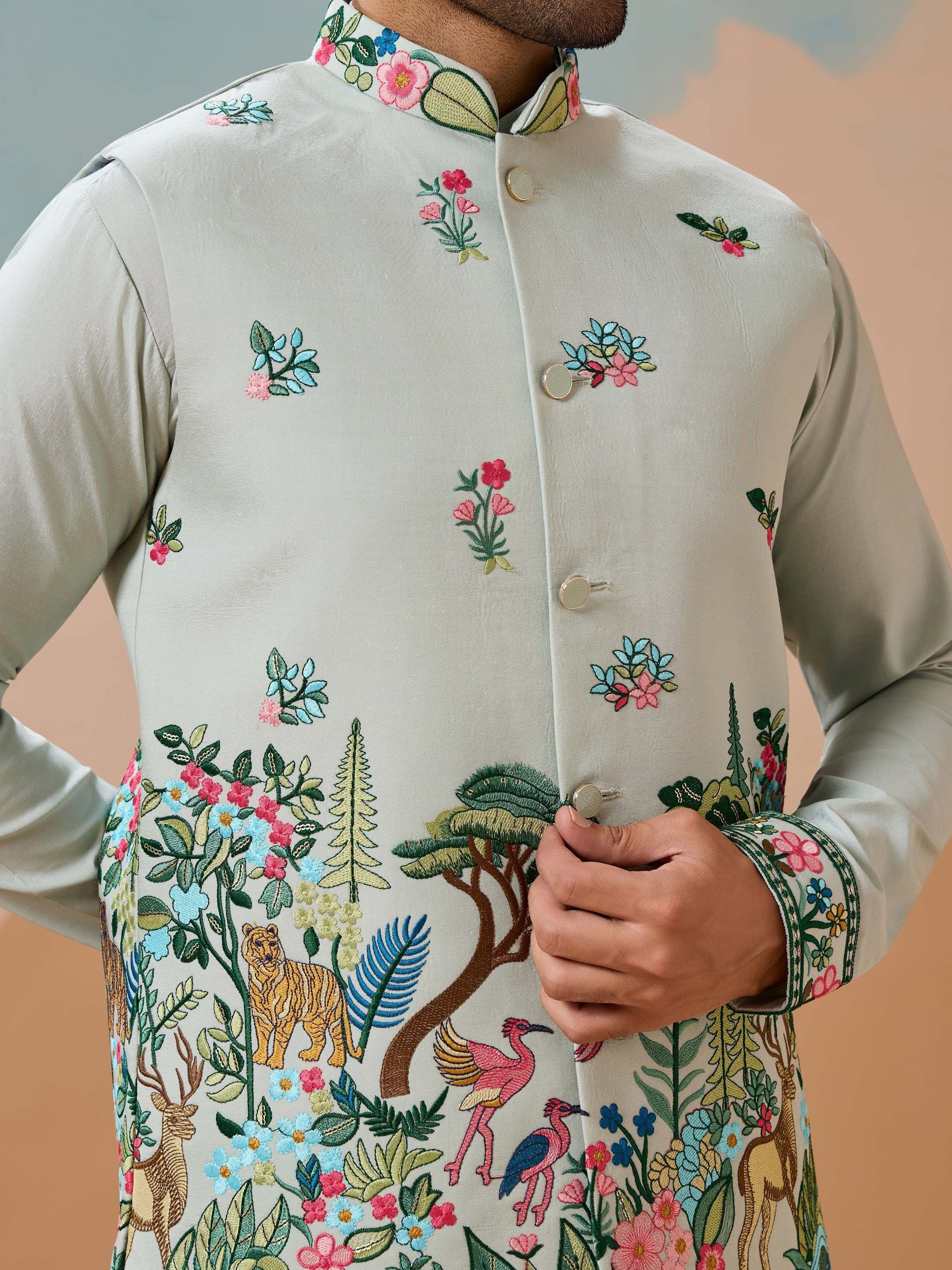 Elegant Pista Green Thread Embroidered Silk Men Marriage Wear Kurta Pant With Jacket