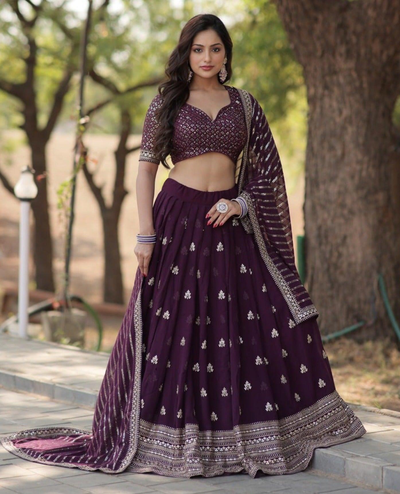 Elegant Plum Embroidered Lehenga Choli with Dupatta