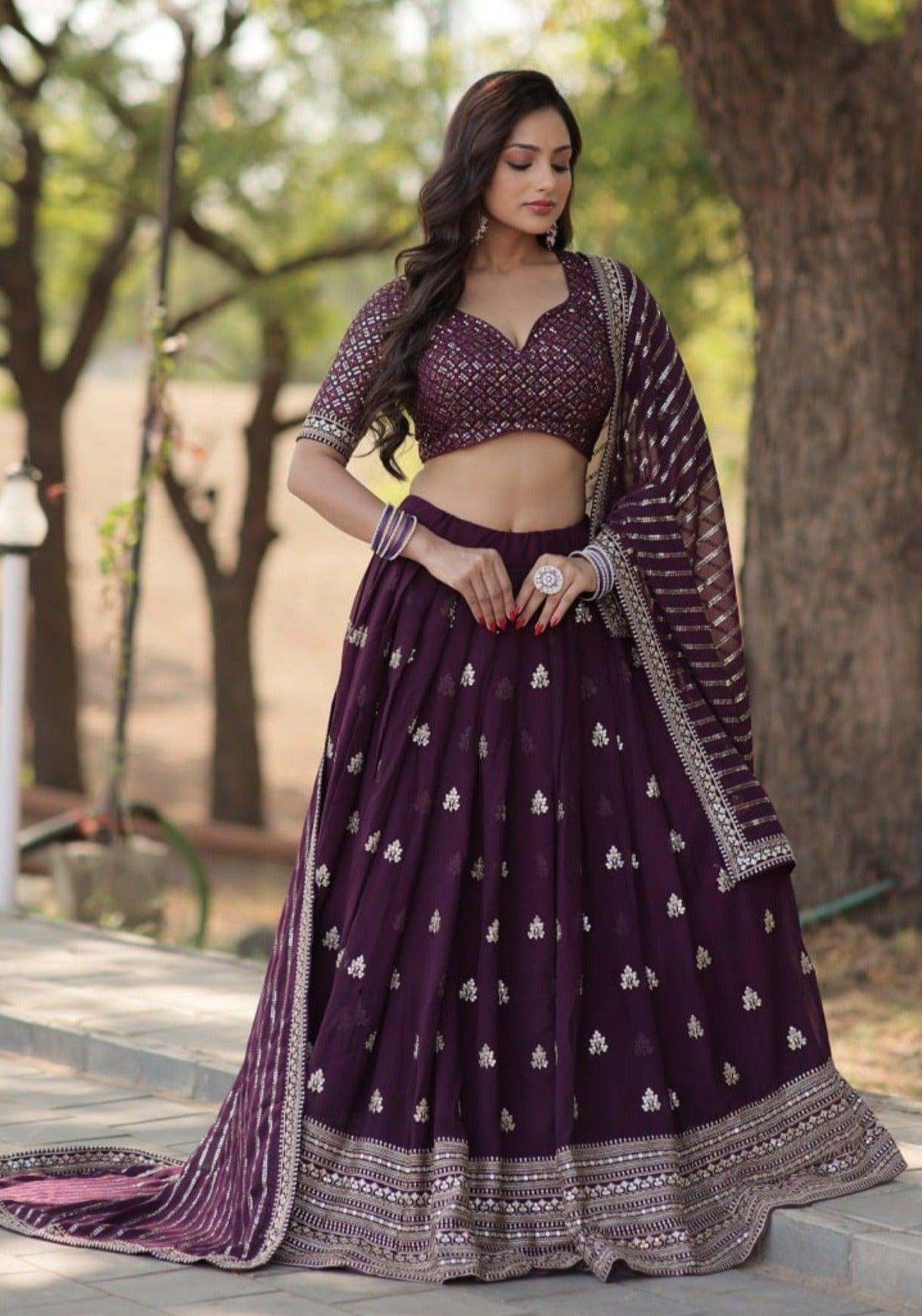 Elegant Plum Embroidered Lehenga Choli with Dupatta