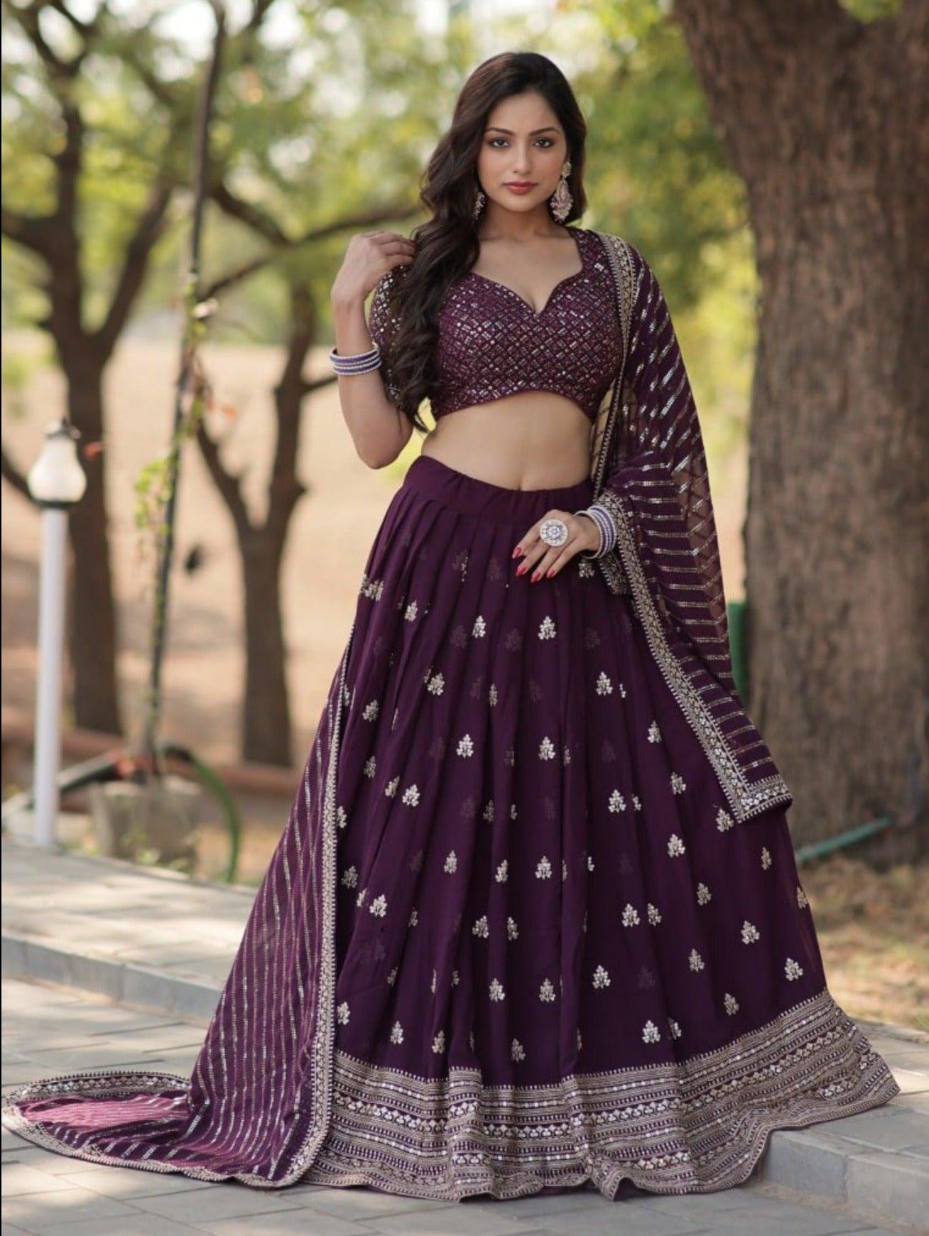 Elegant Plum Embroidered Lehenga Choli with Dupatta