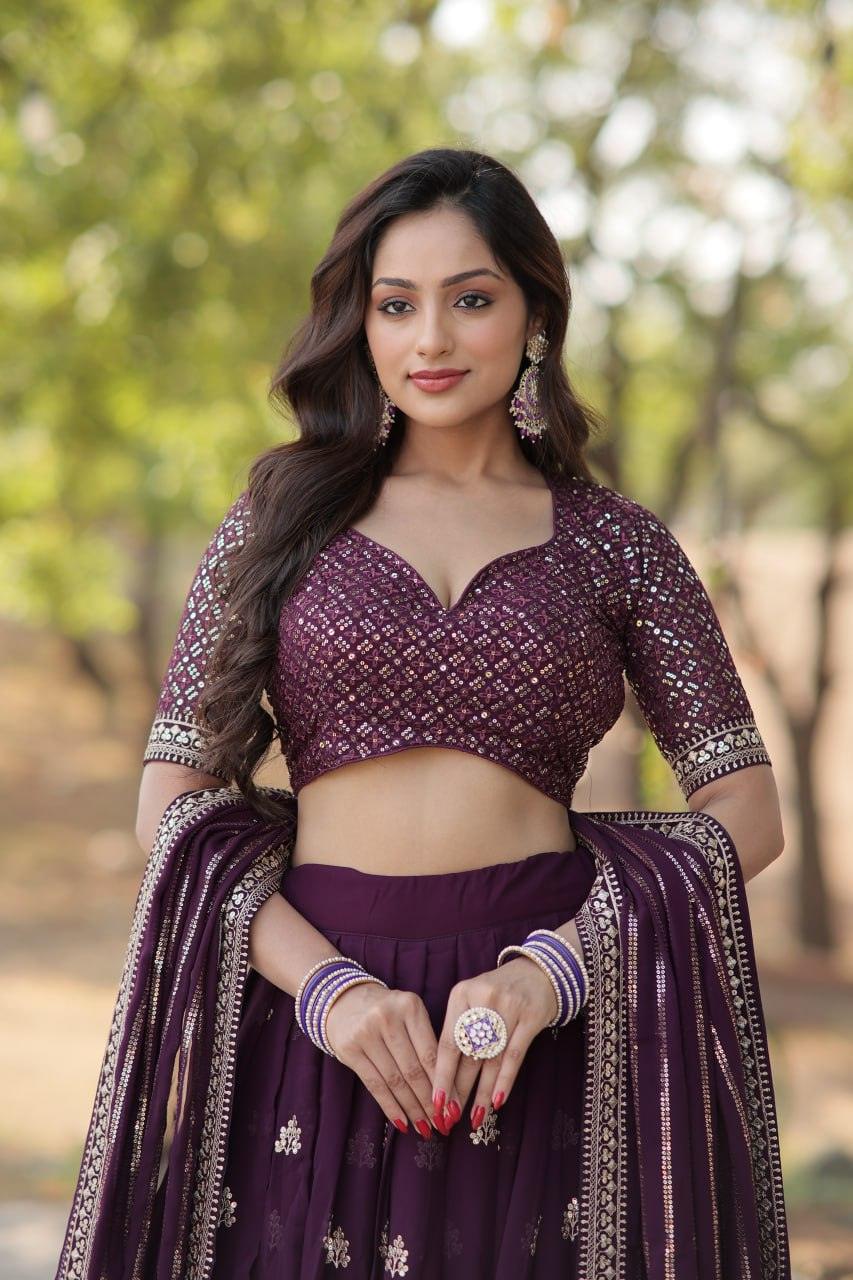 Elegant Plum Embroidered Lehenga Choli with Dupatta