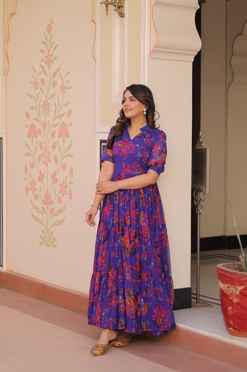 Purple Elegant Printed Faux Georgette Gown for Women 12 Mtr Flair Full Cotton Lining V Neck with Collar