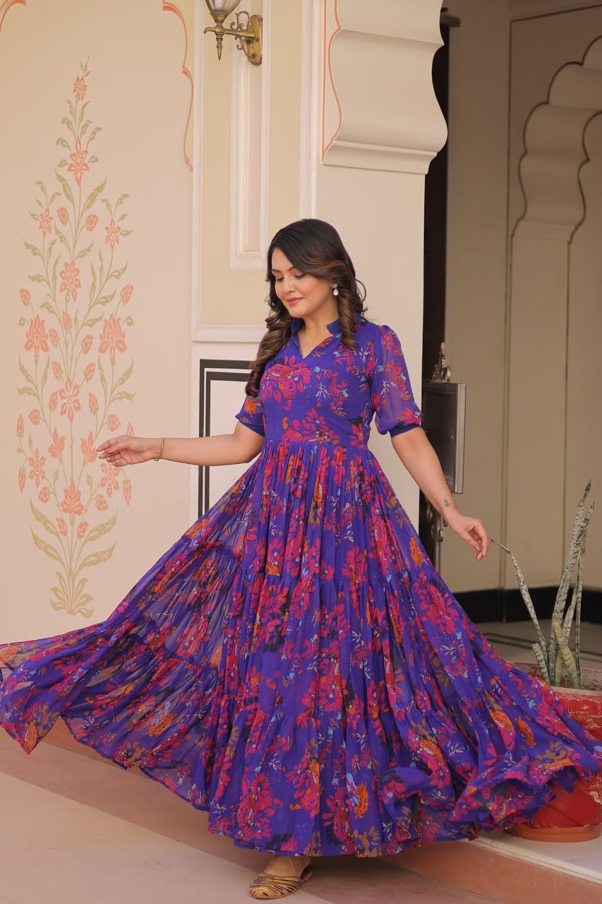 Purple Elegant Printed Faux Georgette Gown for Women 12 Mtr Flair Full Cotton Lining V Neck with Collar