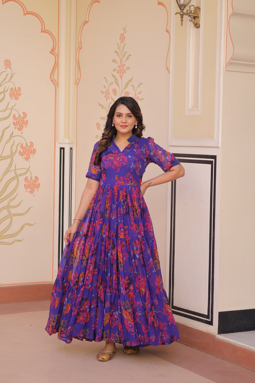 Purple Elegant Printed Faux Georgette Gown for Women 12 Mtr Flair Full Cotton Lining V Neck with Collar