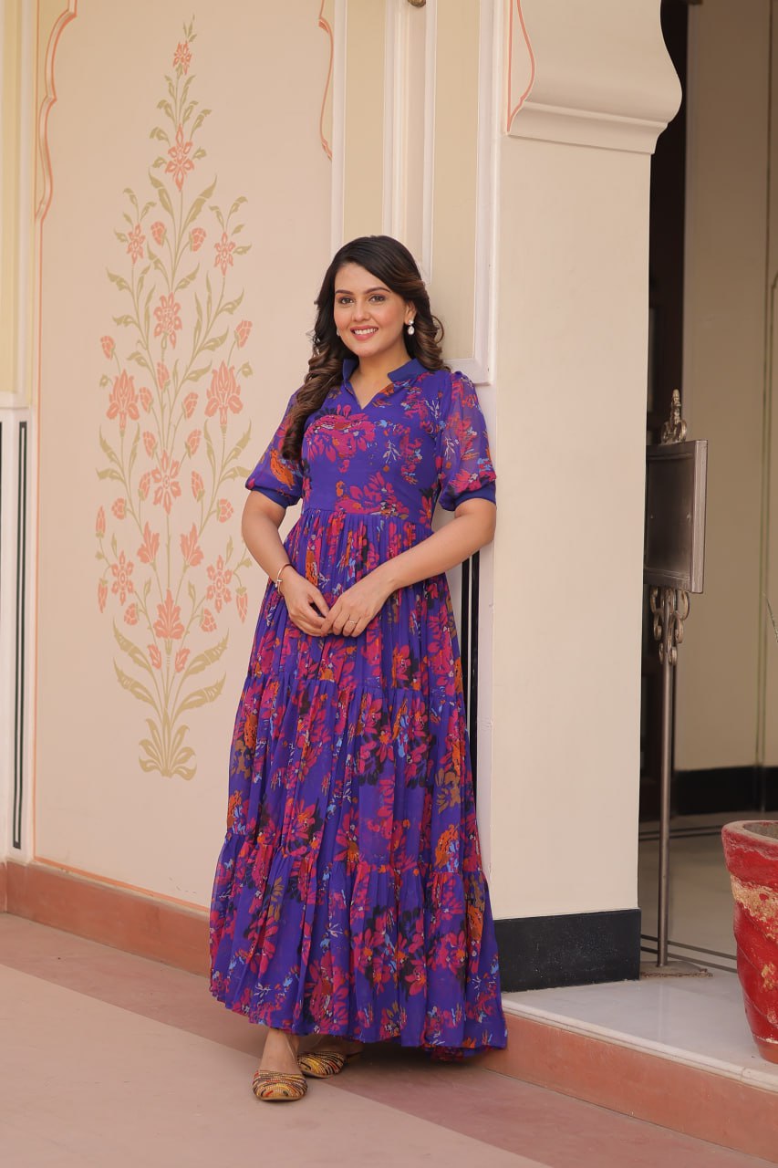 Purple Elegant Printed Faux Georgette Gown for Women 12 Mtr Flair Full Cotton Lining V Neck with Collar
