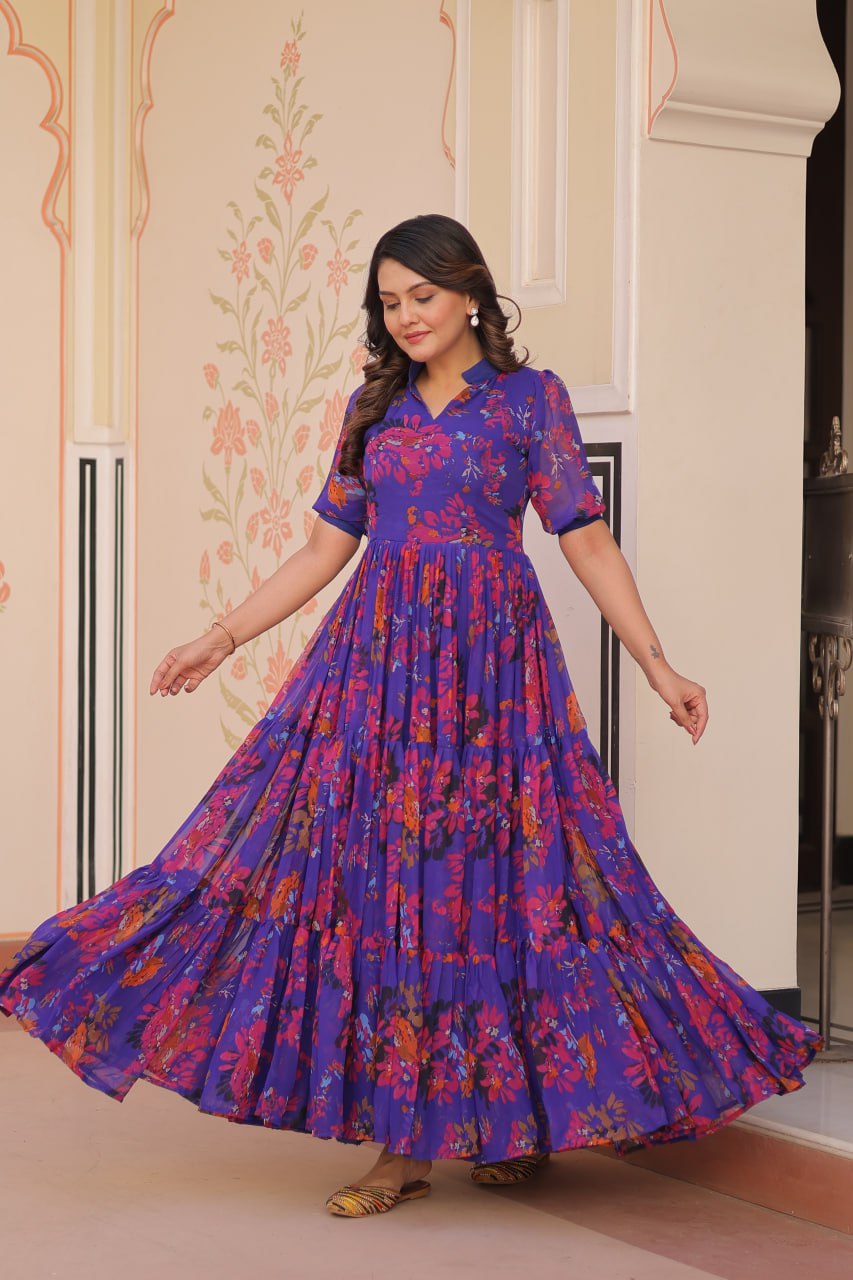 Purple Elegant Printed Faux Georgette Gown for Women 12 Mtr Flair Full Cotton Lining V Neck with Collar