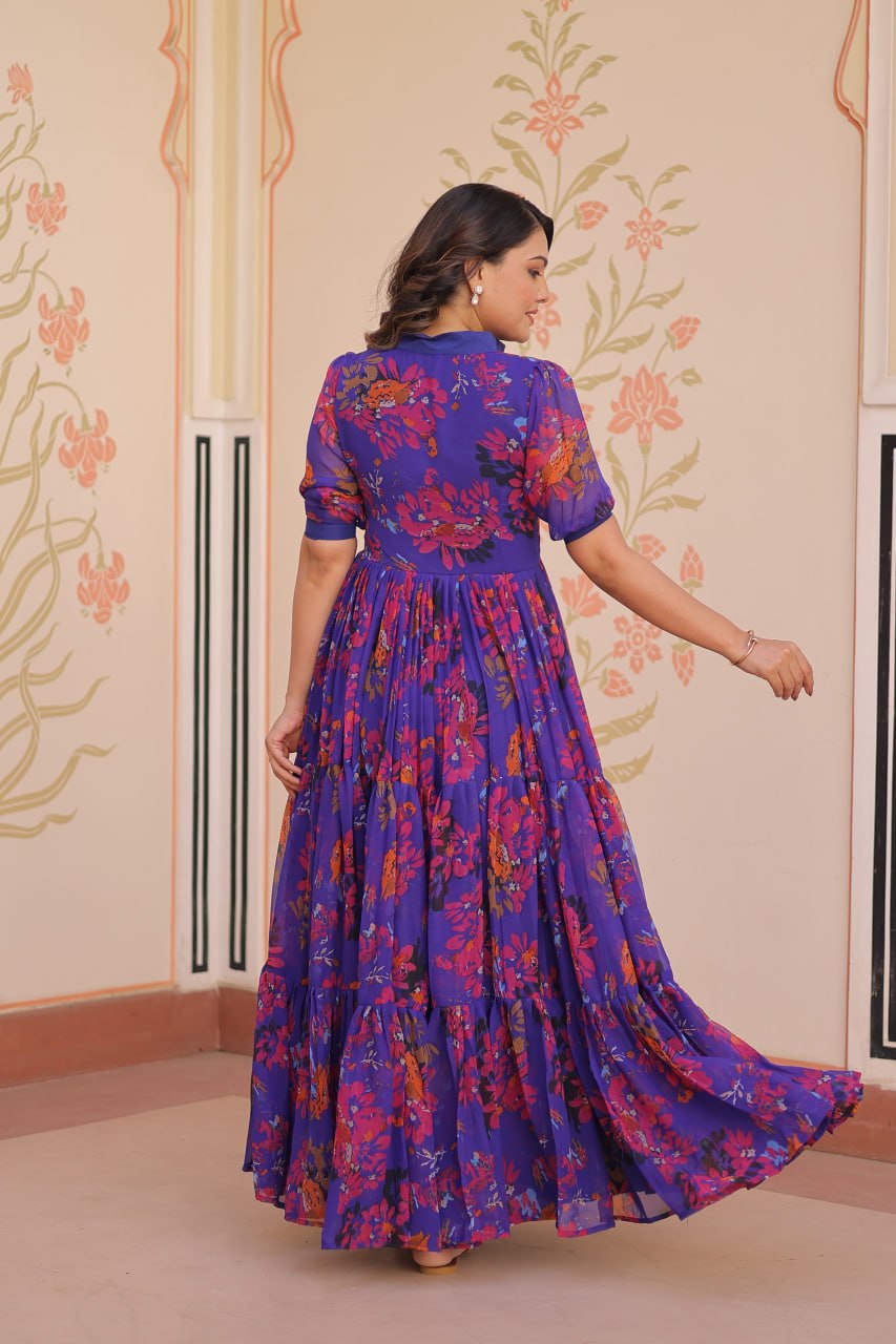 Purple Elegant Printed Faux Georgette Gown for Women 12 Mtr Flair Full Cotton Lining V Neck with Collar