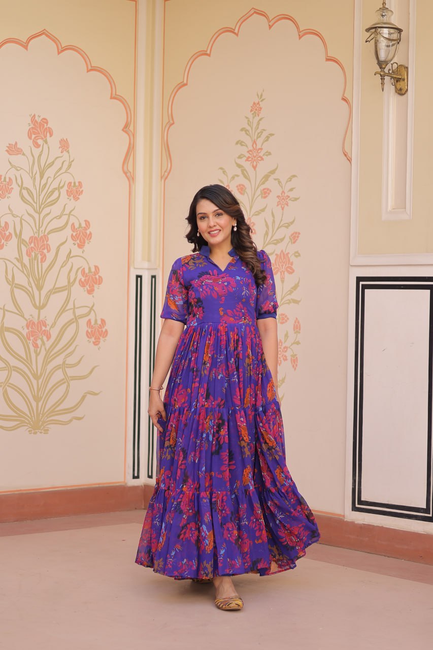Purple Elegant Printed Faux Georgette Gown for Women 12 Mtr Flair Full Cotton Lining V Neck with Collar