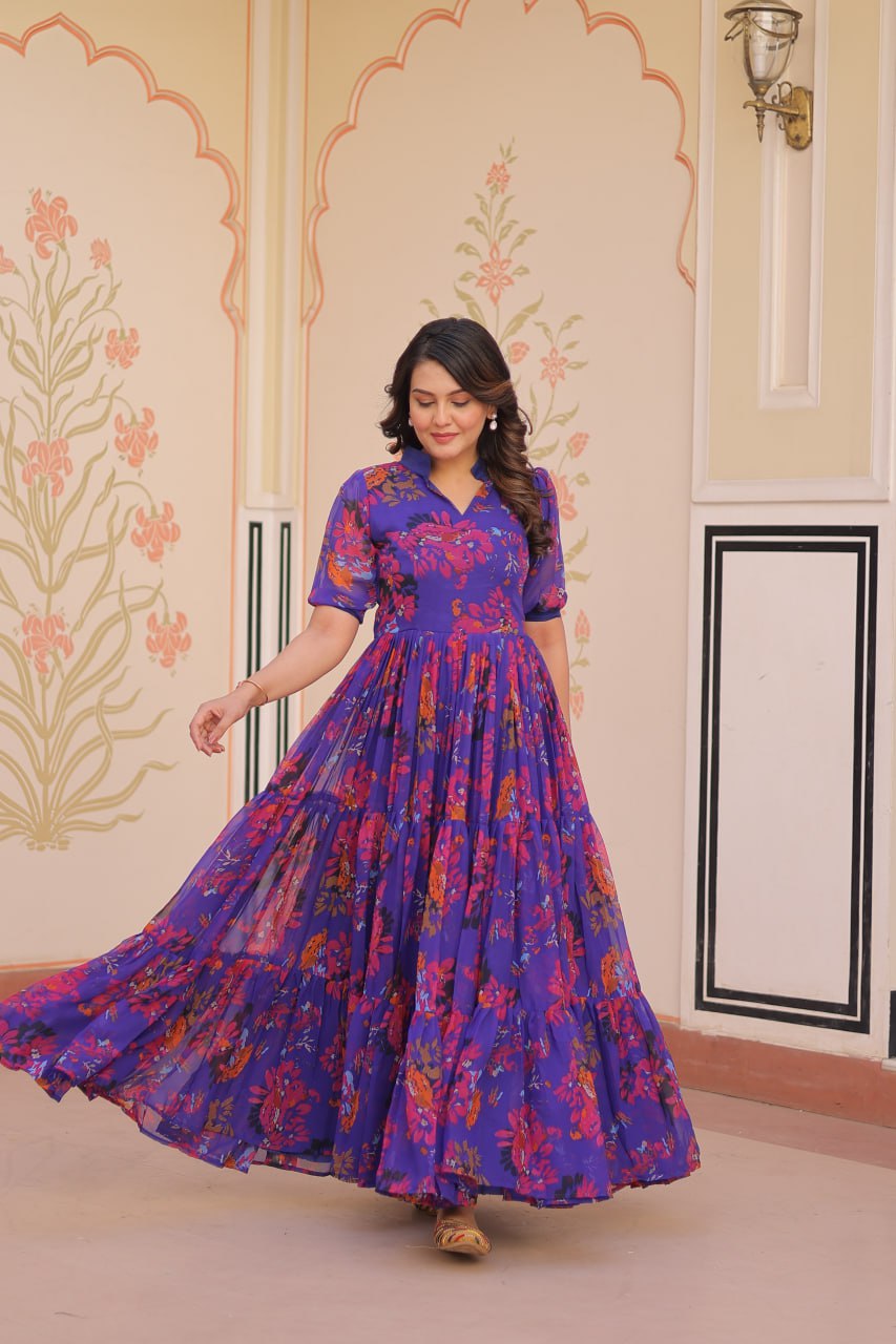 Purple Elegant Printed Faux Georgette Gown for Women 12 Mtr Flair Full Cotton Lining V Neck with Collar
