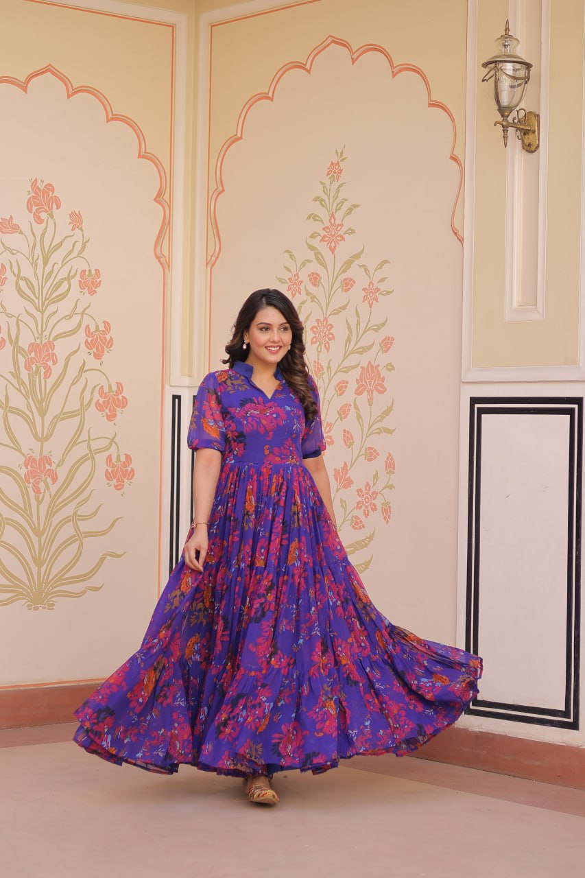 Purple Elegant Printed Faux Georgette Gown for Women 12 Mtr Flair Full Cotton Lining V Neck with Collar