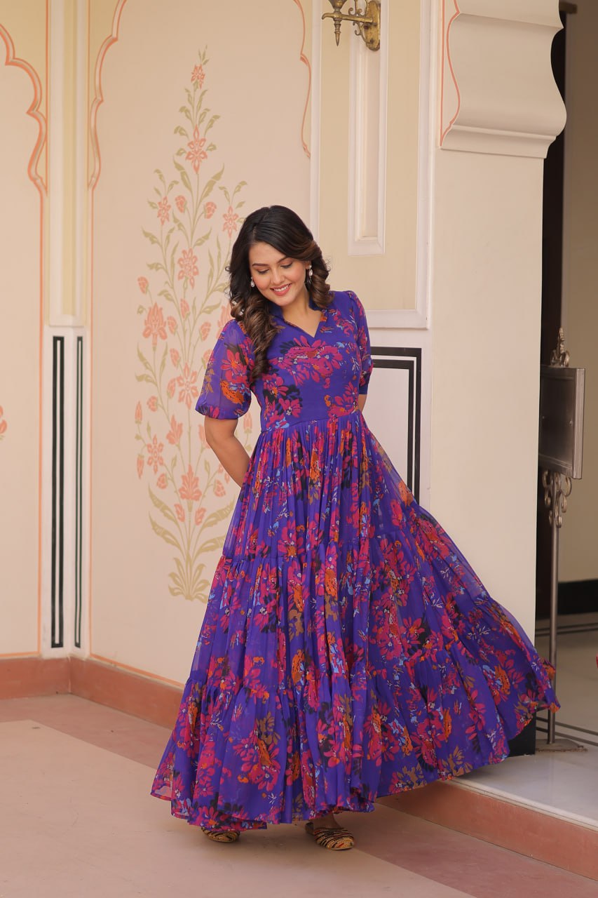 Purple Elegant Printed Faux Georgette Gown for Women 12 Mtr Flair Full Cotton Lining V Neck with Collar