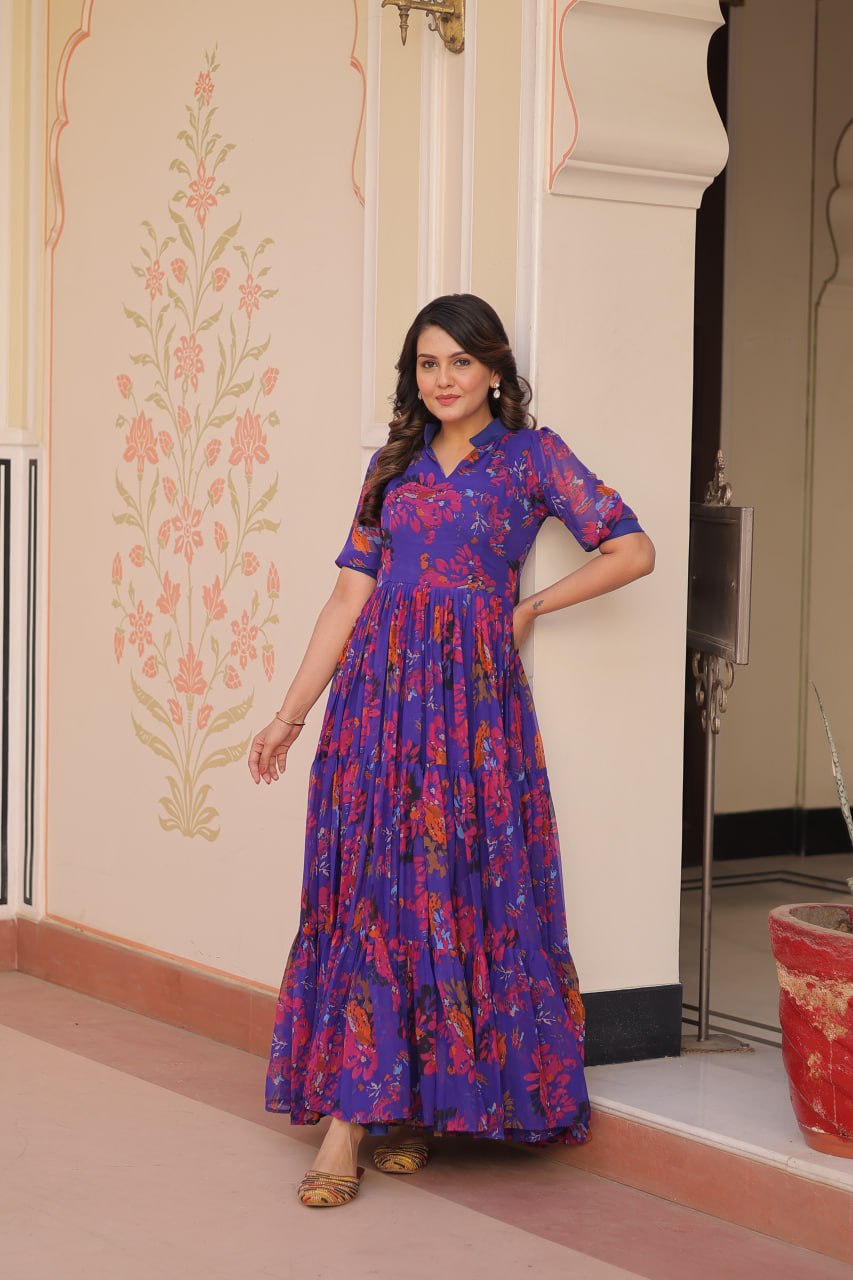 Purple Elegant Printed Faux Georgette Gown for Women 12 Mtr Flair Full Cotton Lining V Neck with Collar