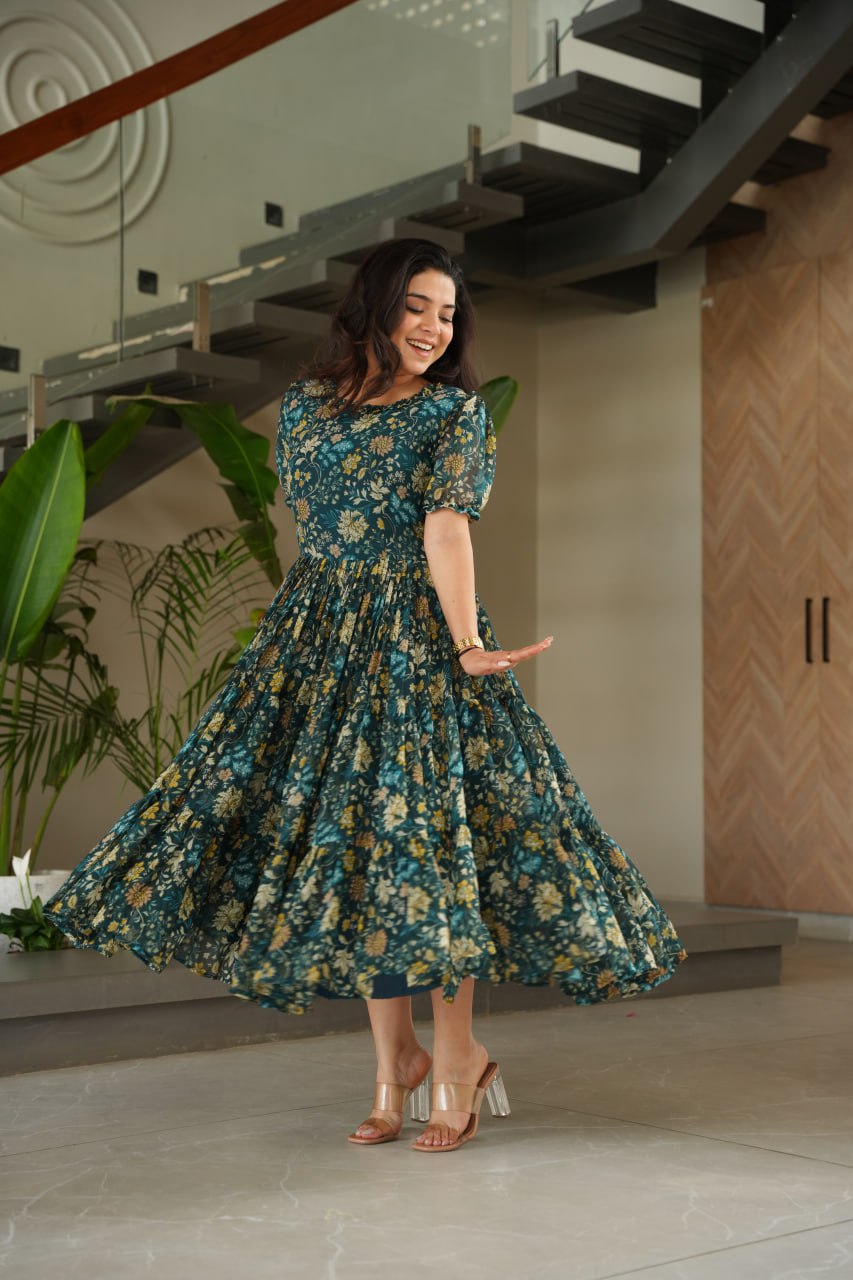 Elegant Printed Faux Georgette Gown
