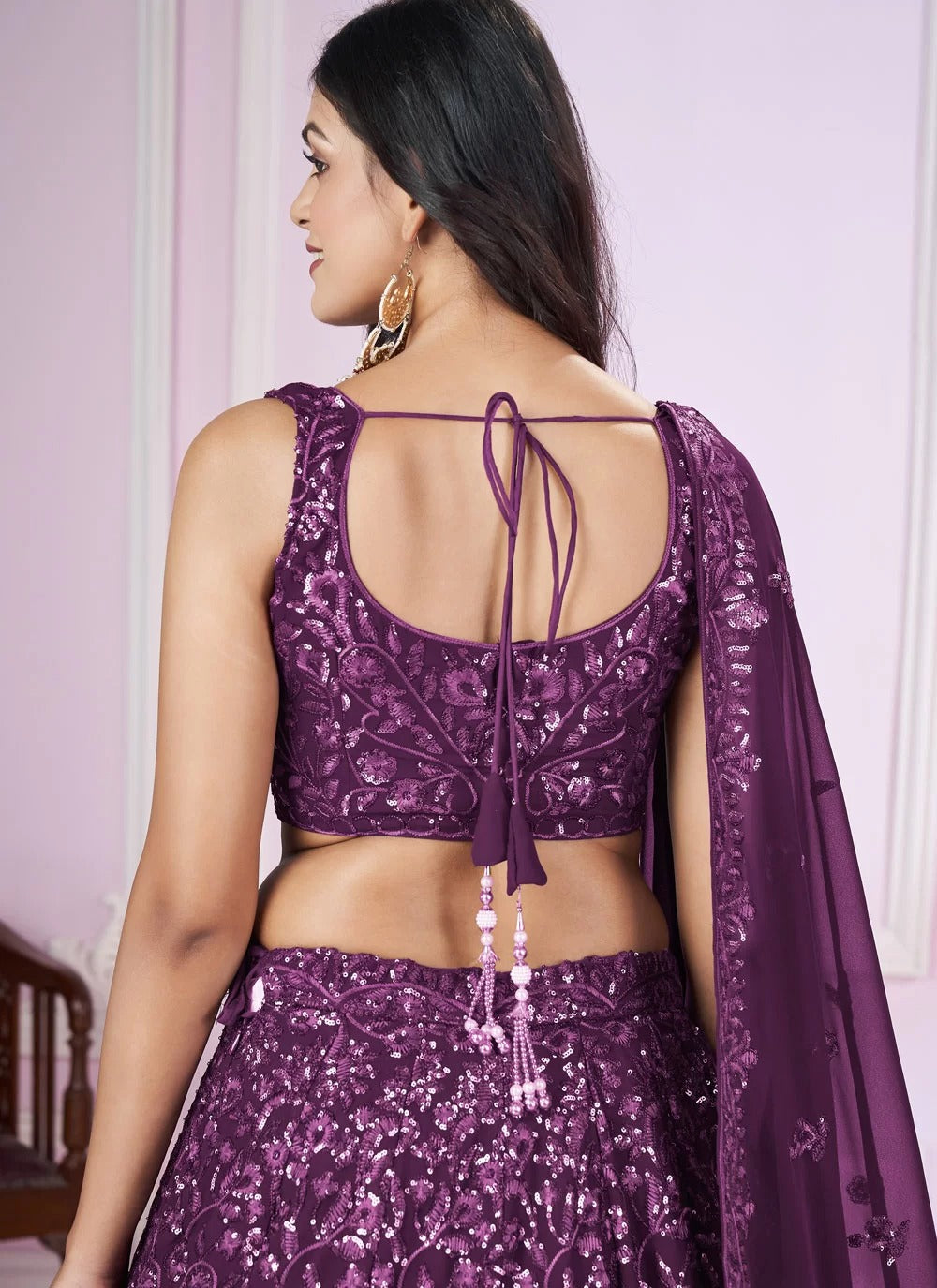 Royal purple georgette engagement lehenga with sequins embroidery work