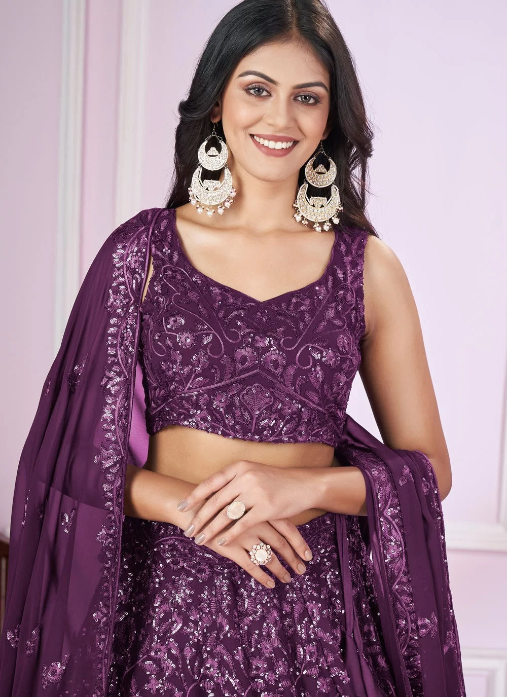 Royal purple georgette engagement lehenga with sequins embroidery work