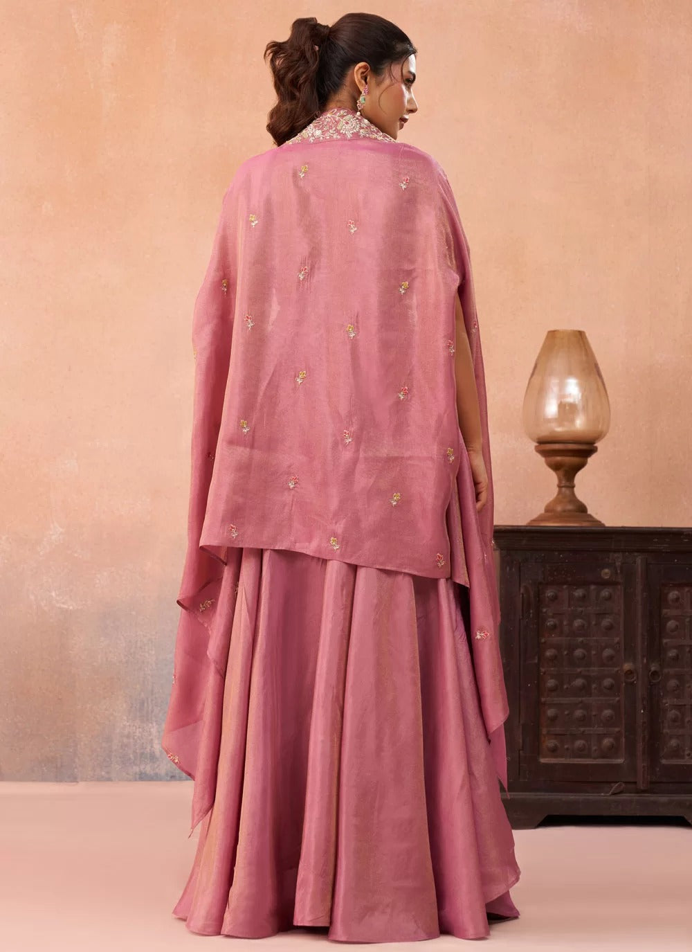 Pyaji pink crepe indo western set with beads embroidered flared cape