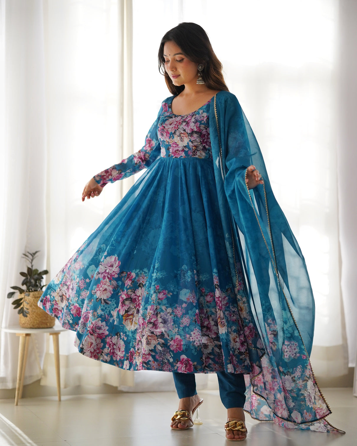 Elegant Rama Anarkali Silk Gown with Canvas Patta and Dupatta Set - Perfect for Festivities and Weddings