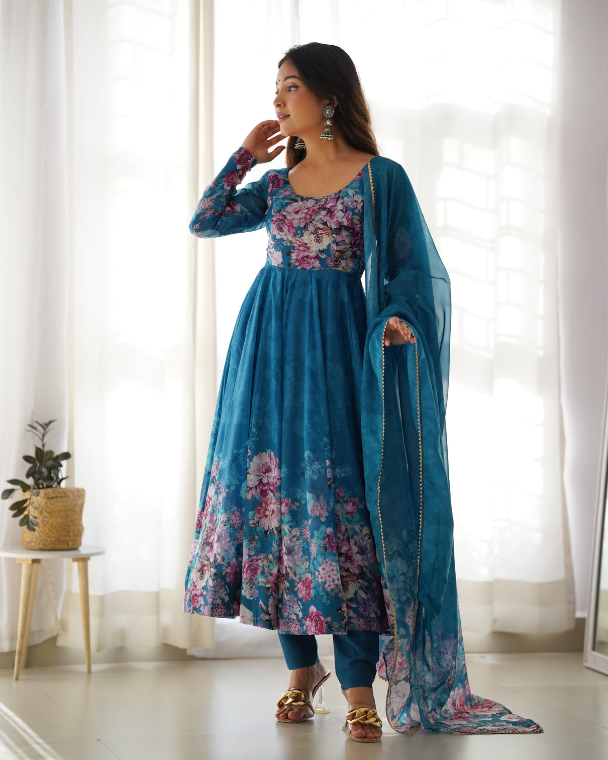 Elegant Rama Anarkali Silk Gown with Canvas Patta and Dupatta Set - Perfect for Festivities and Weddings