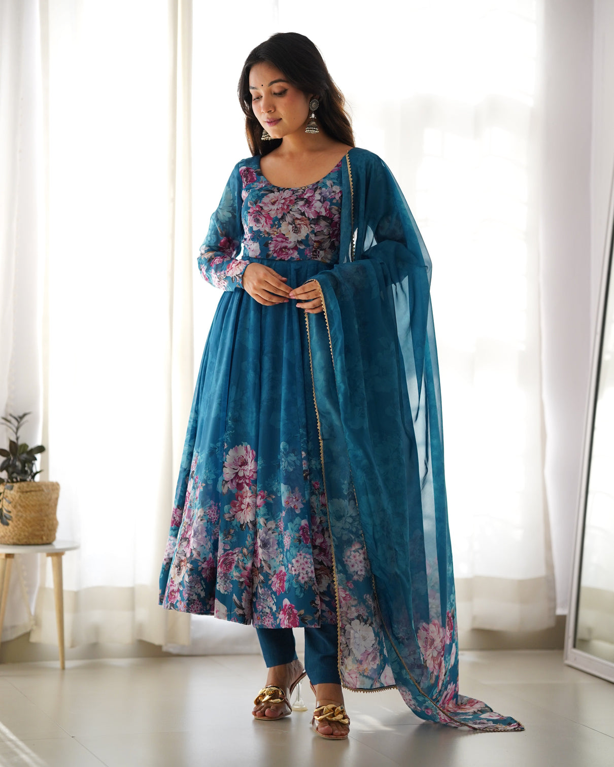 Elegant Rama Anarkali Silk Gown with Canvas Patta and Dupatta Set - Perfect for Festivities and Weddings