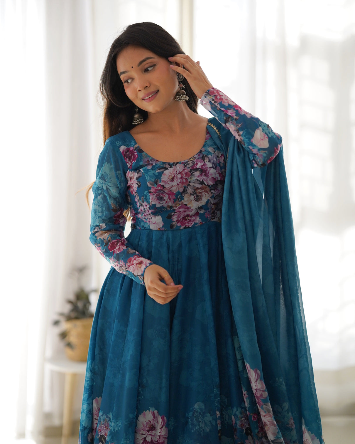 Elegant Rama Anarkali Silk Gown with Canvas Patta and Dupatta Set - Perfect for Festivities and Weddings