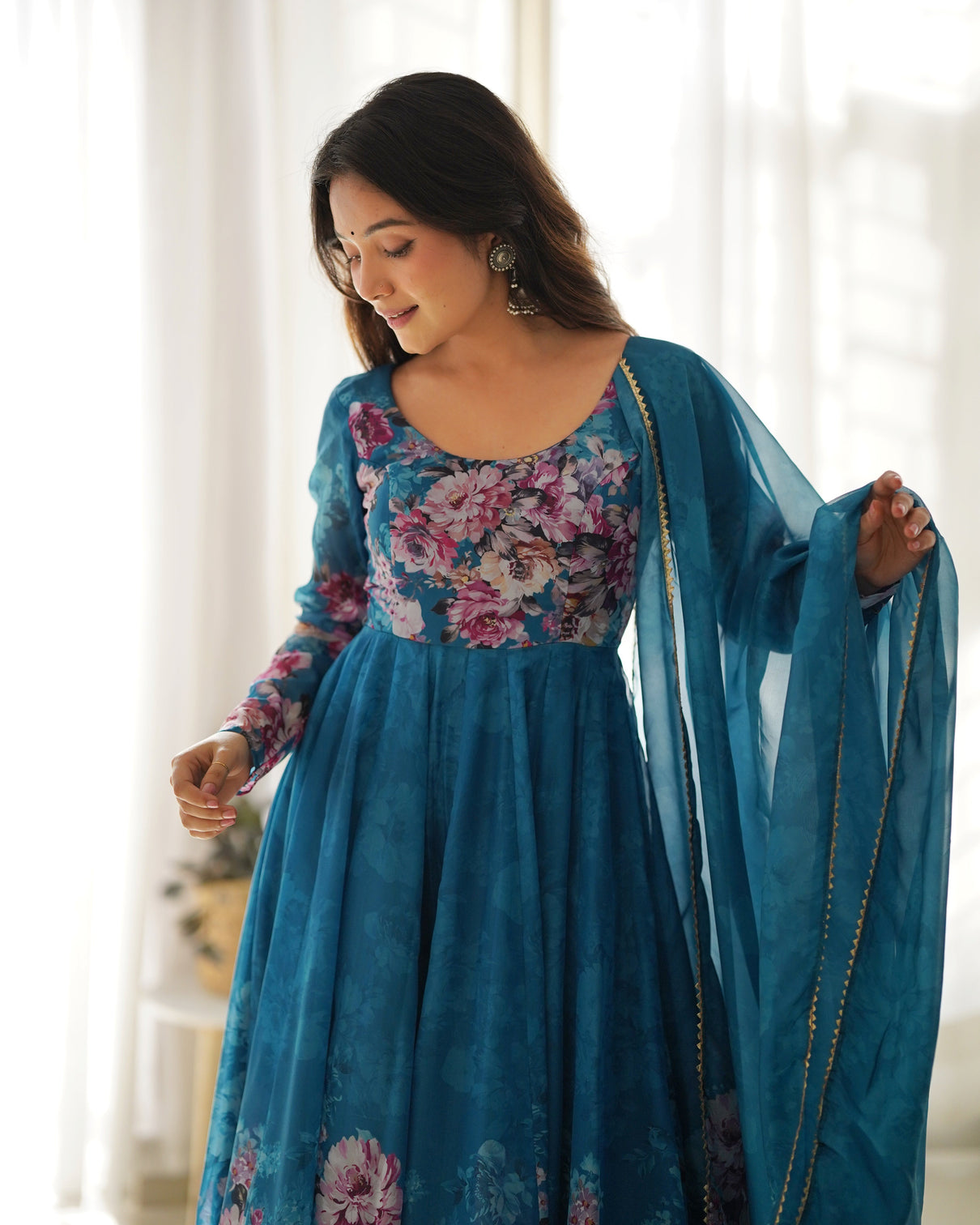 Elegant Rama Anarkali Silk Gown with Canvas Patta and Dupatta Set - Perfect for Festivities and Weddings