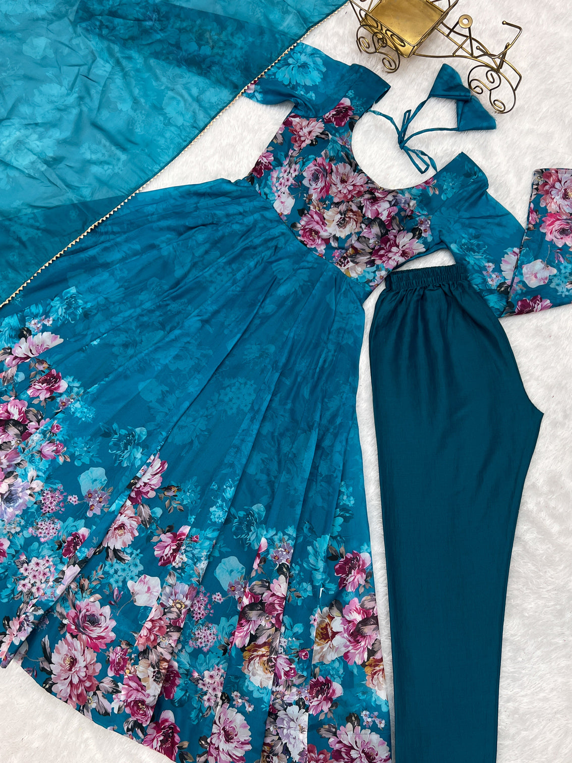 Elegant Rama Anarkali Silk Gown with Canvas Patta and Dupatta Set - Perfect for Festivities and Weddings