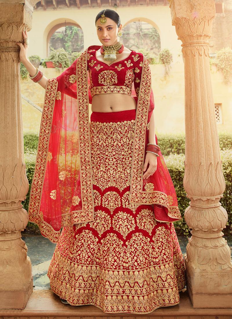 Elegant Red Velvet Base Zari Work Detailed Bridal Lehenga Choli