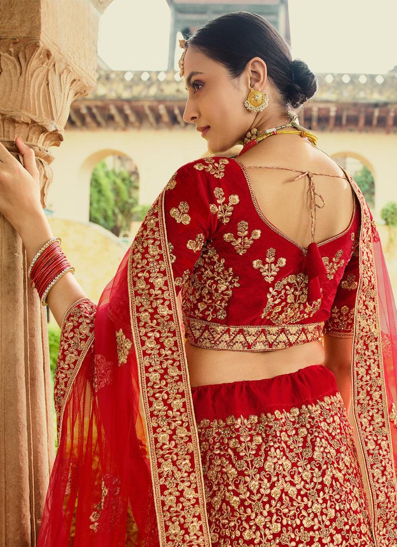 Elegant Red Velvet Base Zari Work Detailed Bridal Lehenga Choli