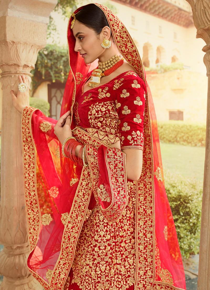 Elegant Red Velvet Base Zari Work Detailed Bridal Lehenga Choli