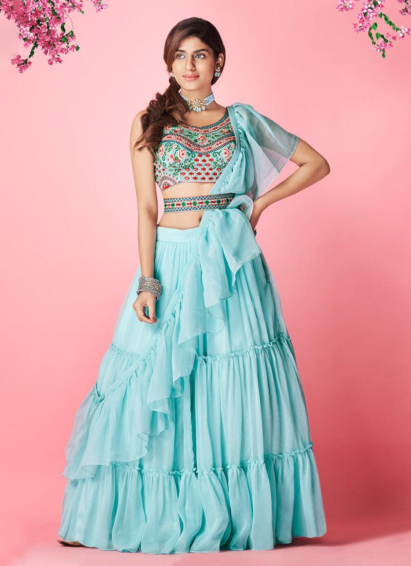 Elegant Sky Blue Color Ruffle Lehenga with Hand Work Blouse