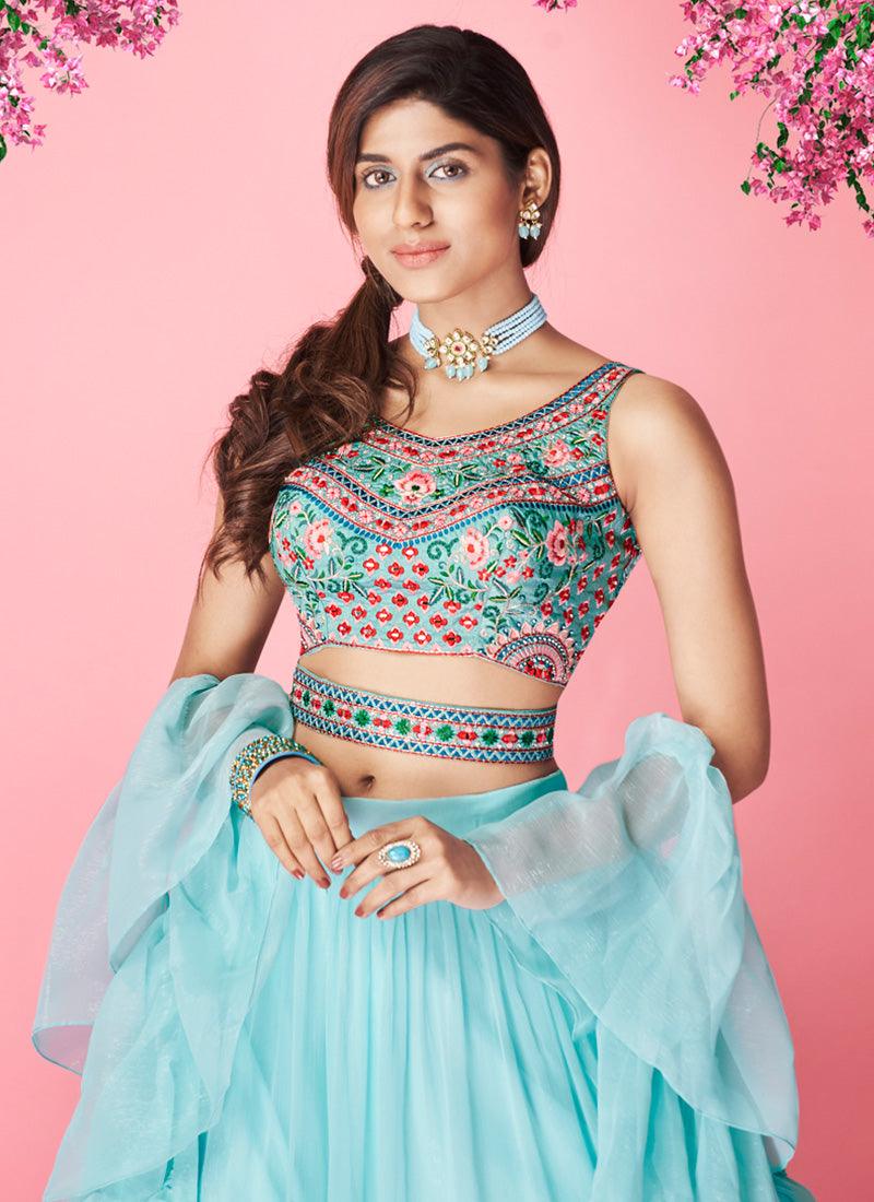 Elegant Sky Blue Color Ruffle Lehenga with Hand Work Blouse