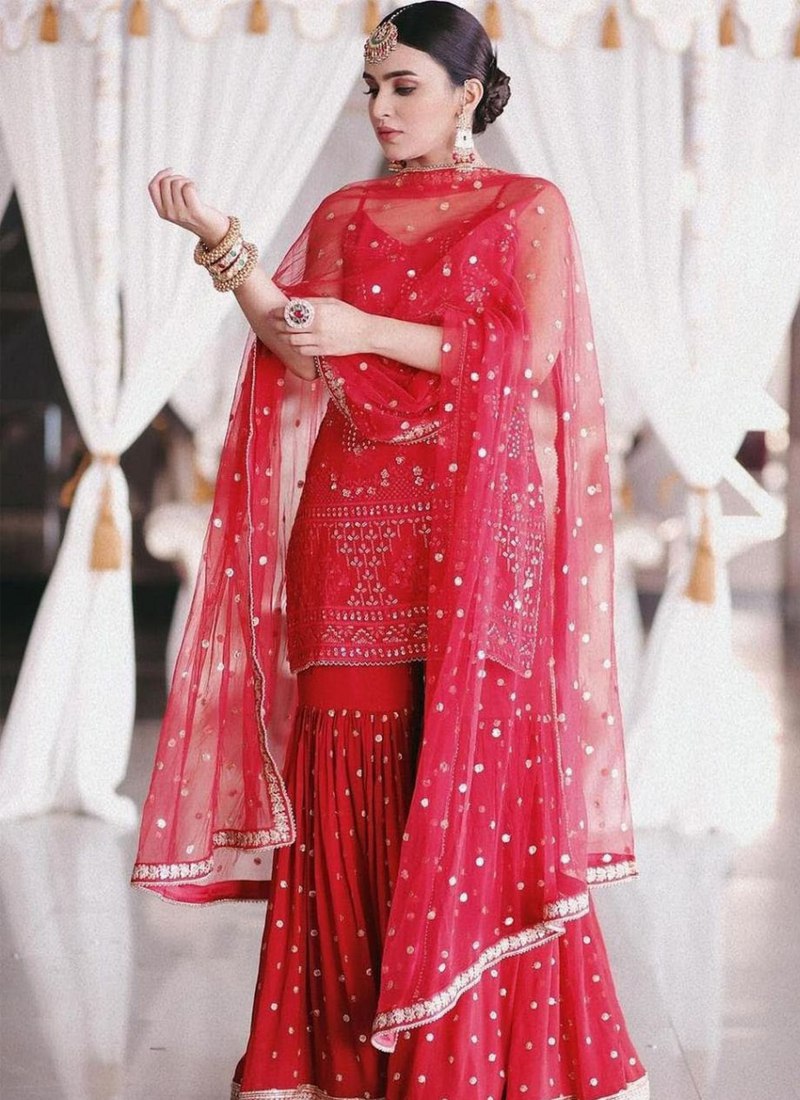 Elegant Thread & Sequence Embroidered Georgette Red Sharara Set