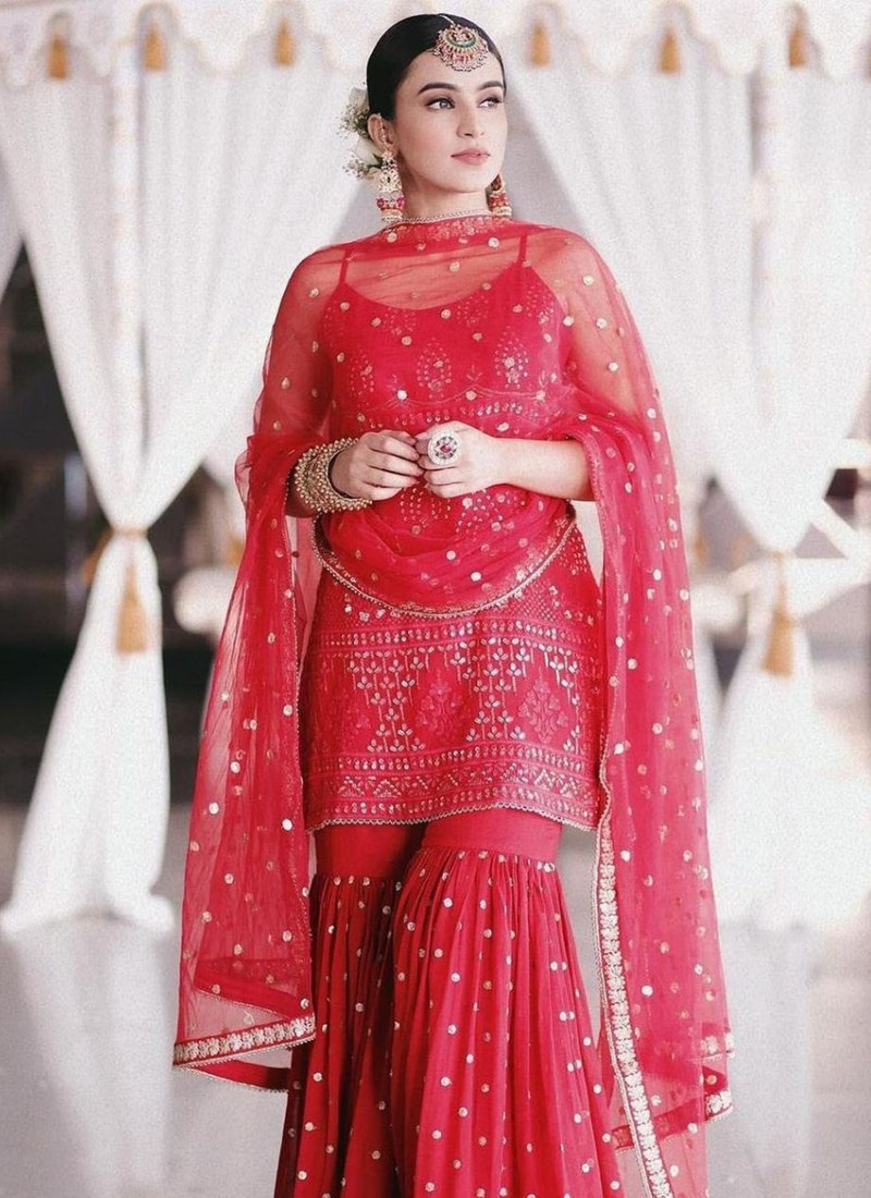Elegant Thread & Sequence Embroidered Georgette Red Sharara Set