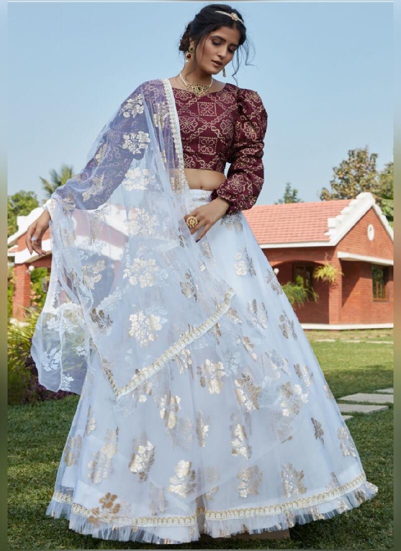 Elegant White And Wine Color Soft Net Base Lehenga Choli