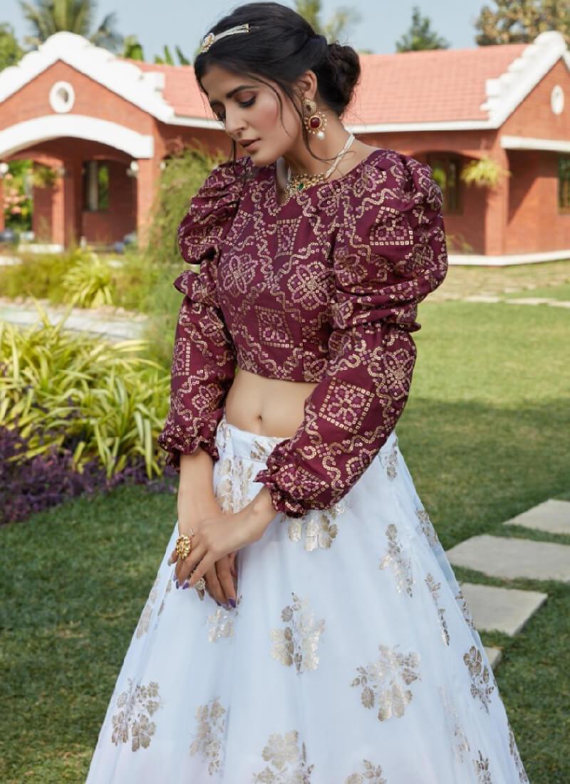 Elegant White And Wine Color Soft Net Base Lehenga Choli