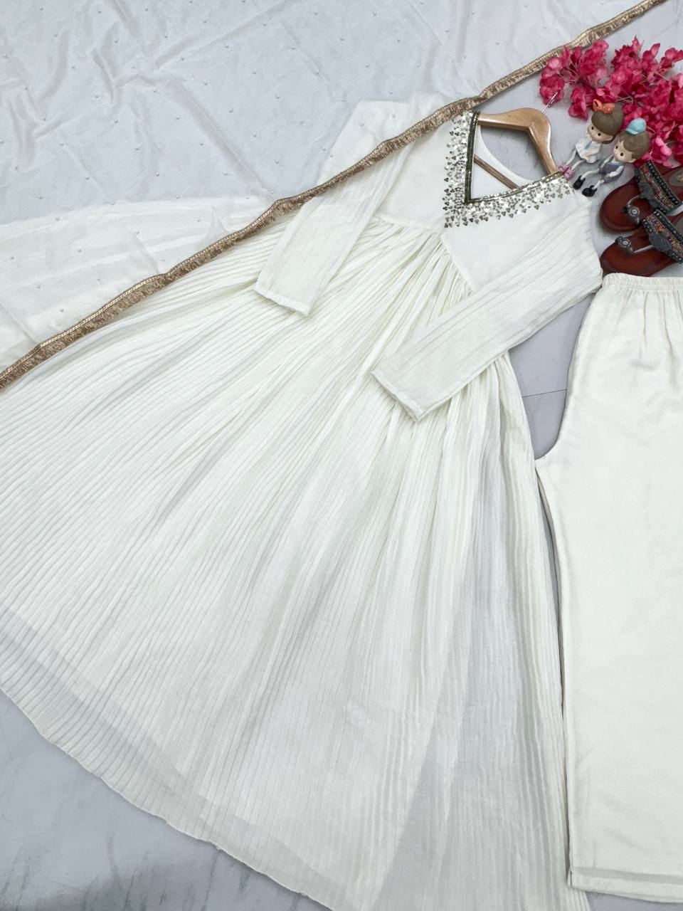 Elegant White Party Wear Alia Cut Anarkali Gown Set with Dupatta & Bottom