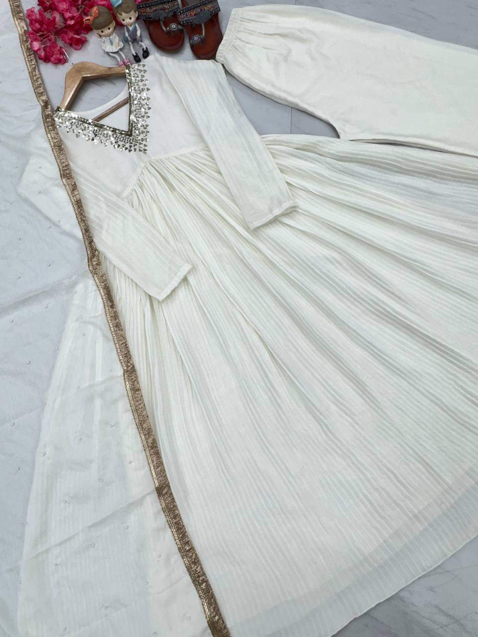 Elegant White Party Wear Alia Cut Anarkali Gown Set with Dupatta & Bottom
