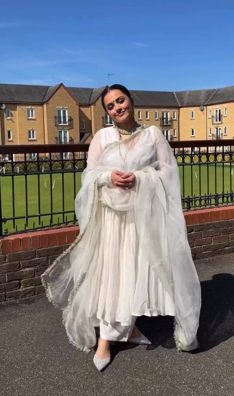 Elegant White Party Wear Alia Cut Anarkali Gown Set with Dupatta & Bottom