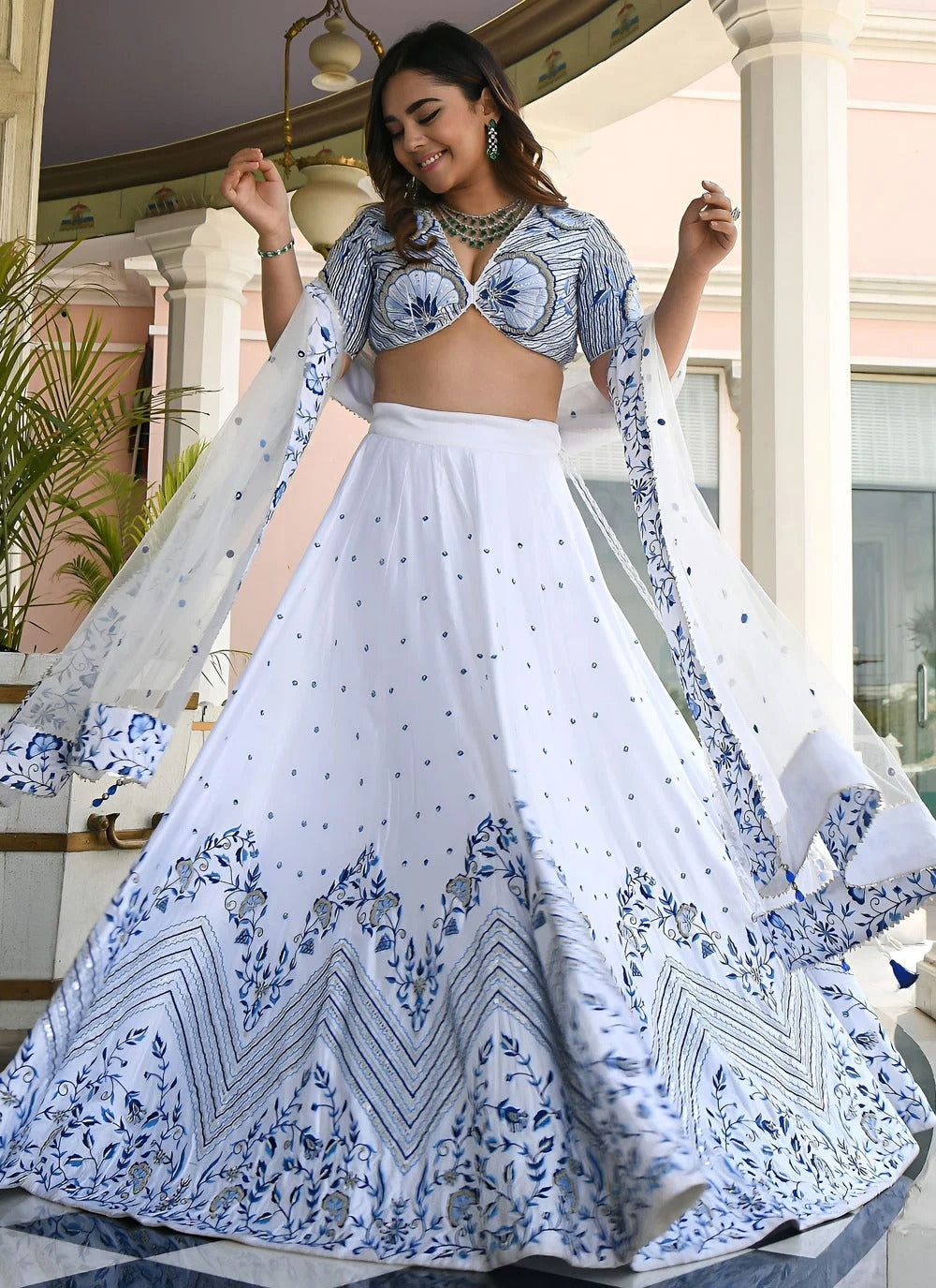 White satin bridesmaid lehenga with zari sequins embroidery dupatta