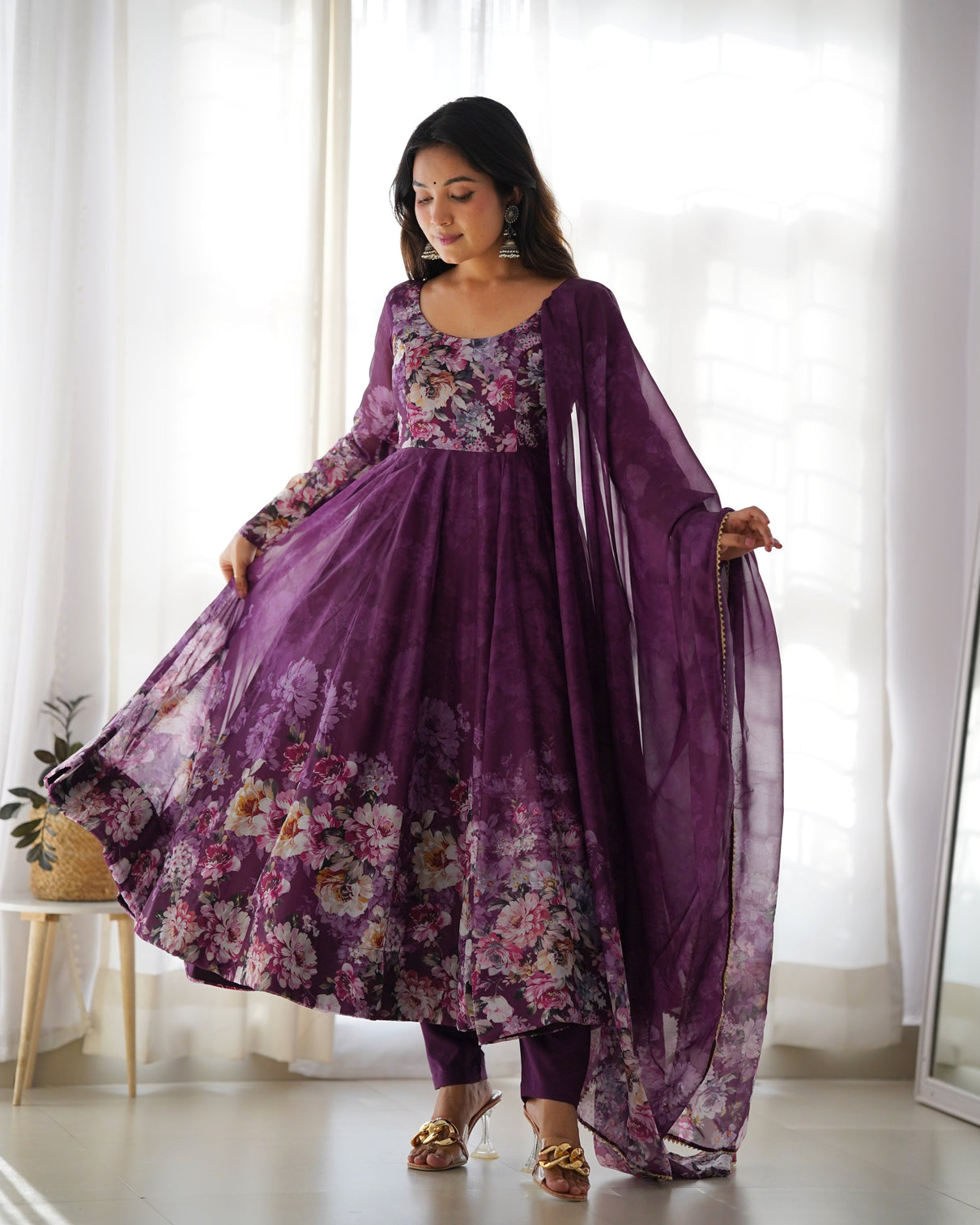 Elegant Wine Anarkali Silk Gown with Canvas Patta and Dupatta Set - Perfect for Festivities and Weddings