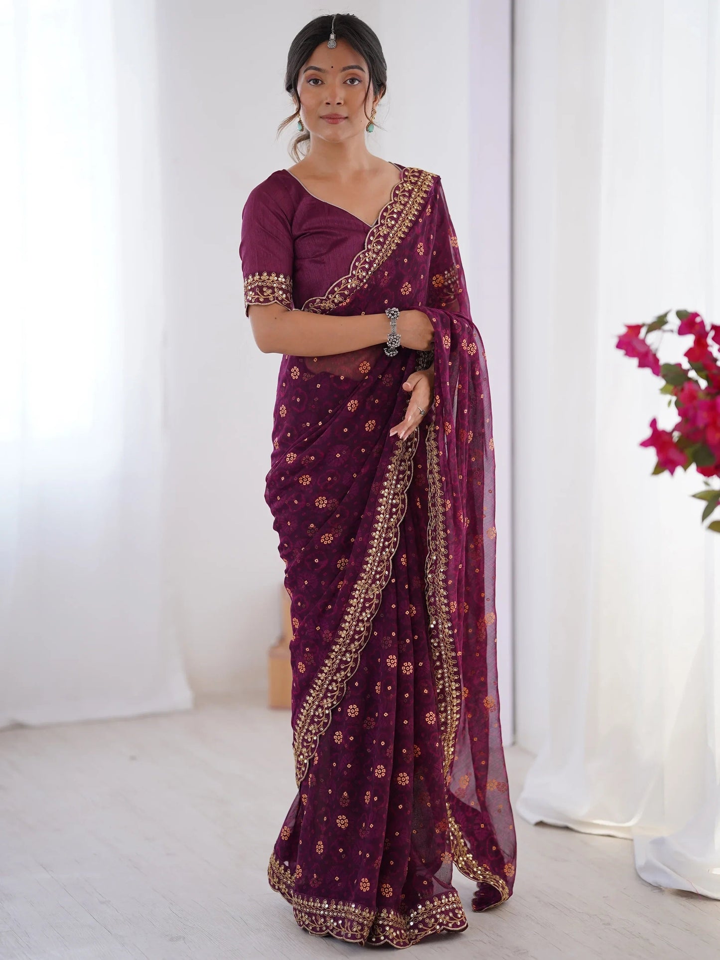Elegant Wine Designer Printed Georgette Saree With Blouse